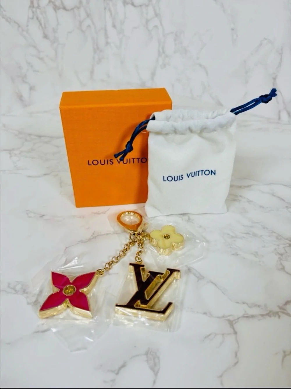 BAG CHARM/KEYCHAIN: Golden w/Brown Monogram, Pink/Cream Charms, Box & Dust Bag
